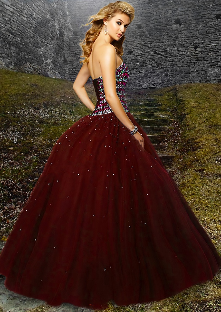 woman, beautiful, red gown, blonde hair, vintage, gown, medieval, castle, royal, ball, dress, nature, long dress, sparkles, grass, red, diamonds, corset